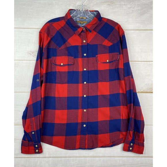JACHS Girlfriend Tops - Anthropologie Jachs Girlfriend Flannel Shirt Womens XL Red Blue Buffalo Plaid